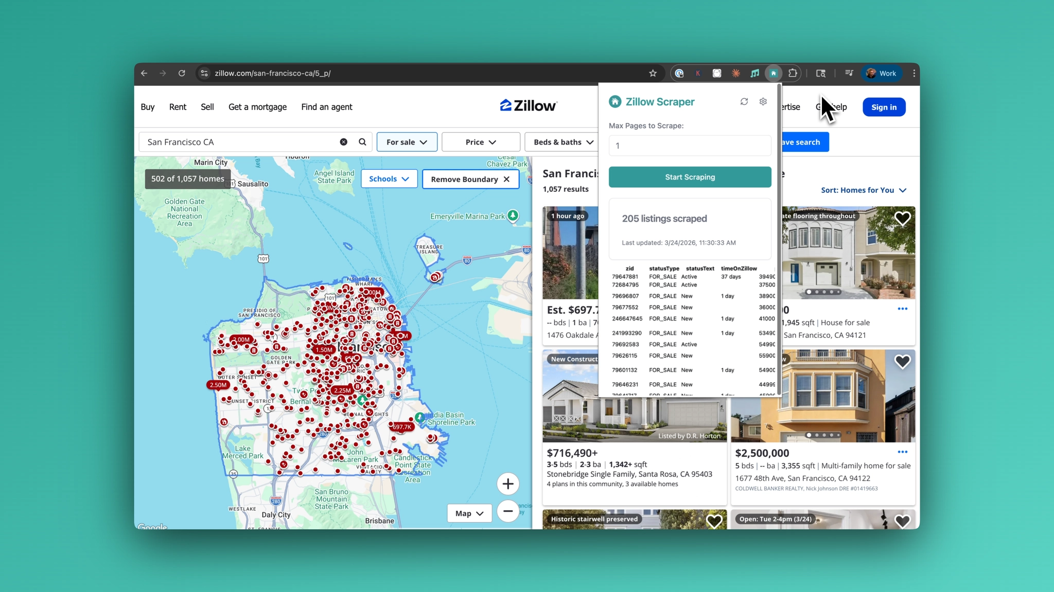 Zillow Scraper Chrome extension overlaying Zillow search results for San Francisco, showing 205 listings scraped